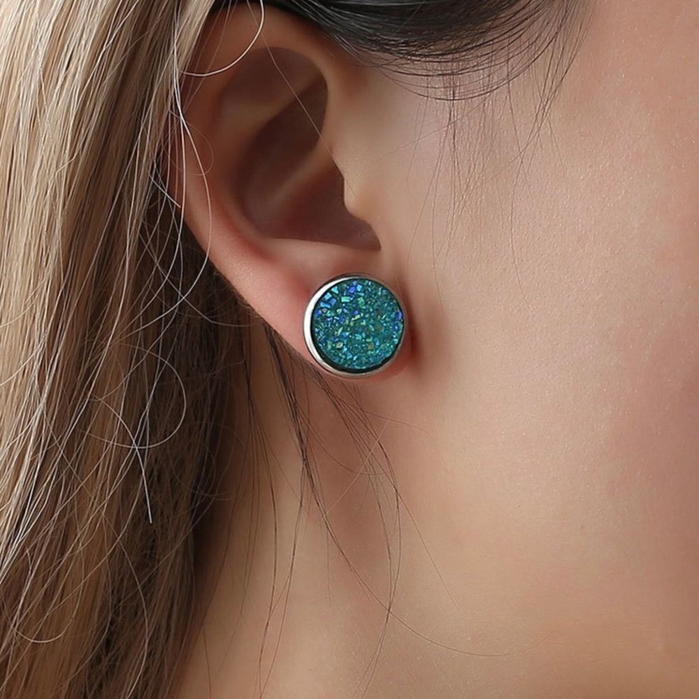 Simple Round Sparkly Turquoise Color Earrings - Picture 2 of 3